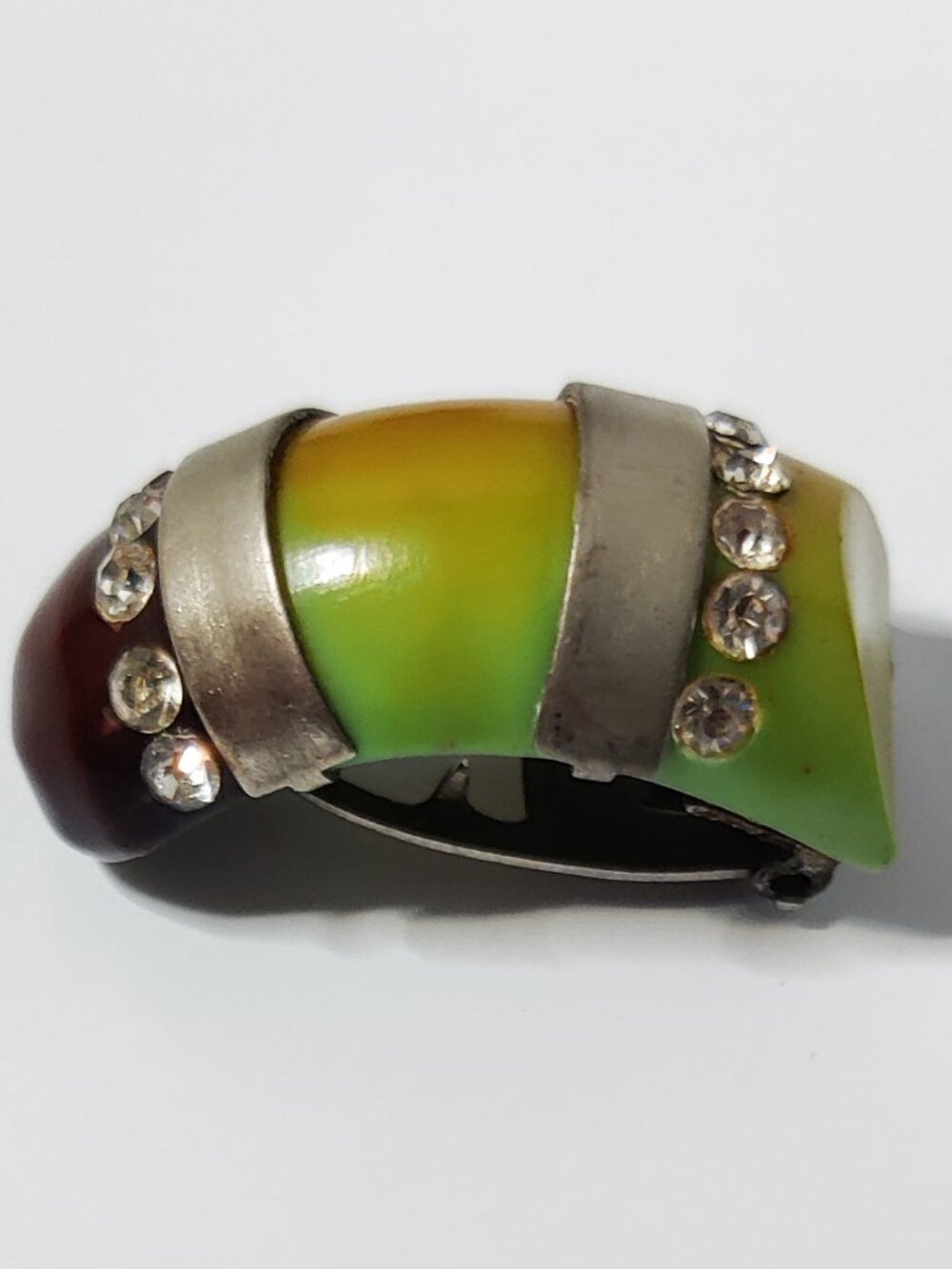 1930-40s Art Deco Bakelite Dress Clip Apple Green Brown Rhinestone Chaton